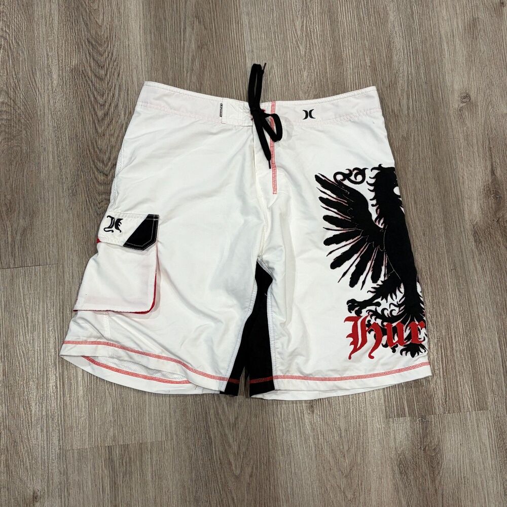 Vintage 00s Y2K Hurley Board Shorts Men's Size 34x10 White Red Black Swim Surf